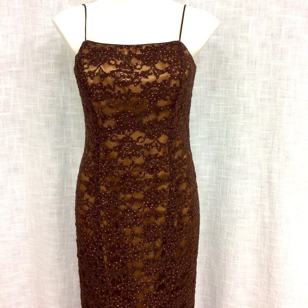 Beaded Brown Lace Spaghetti Strap Prom Dress
